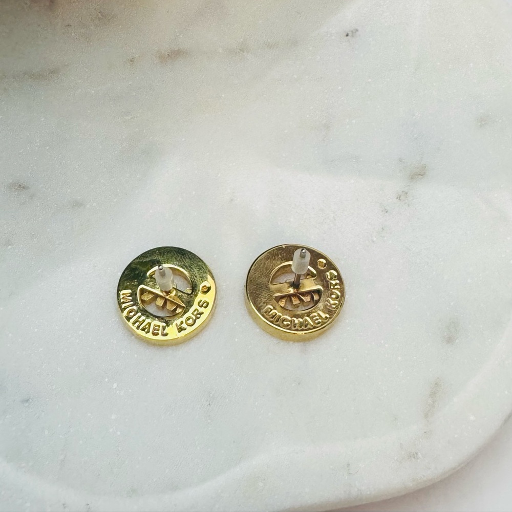 NWOT Michael Kors Gold Toned-Mother of Pearl pave logo and Silver Stud Earrings - Picture 4 of 4